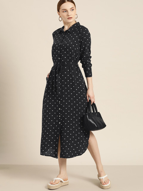 

her by invictus Black & White Sustainable Ecovero Polka Dot Print Shirt Midi Dress & Belt