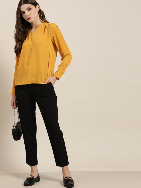 

her by invictus Mustard Yellow Mandarin Collar Regular Top with Gather Detail