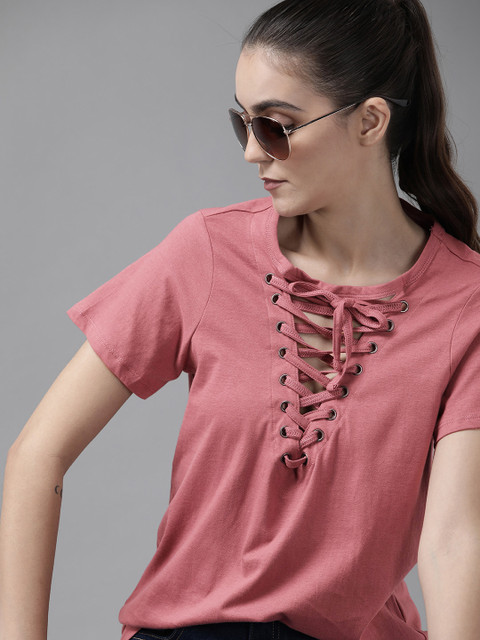 

The Roadster Lifestyle Co Women Dusty Pink Solid Tie-Up Neck Pure Cotton Top