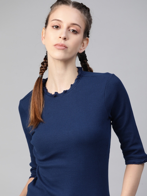 

The Roadster Lifestyle Co Women Navy Blue Ribbed Cotton T-shirt