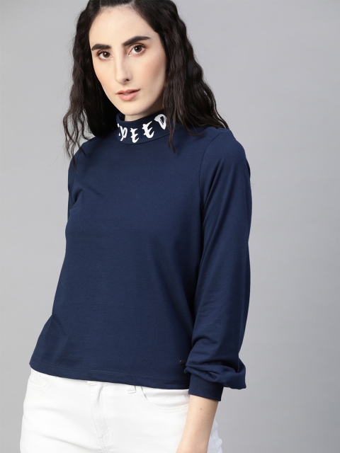 

The Roadster Lifestyle Co Navy Blue Puff Sleeve Cotton Regular Top