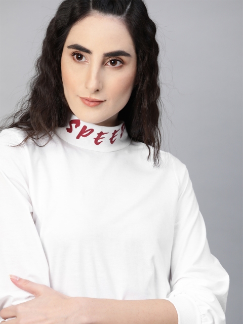 

Roadster White & Maroon Solid Puff Sleeve Regular Top With Typographic Detail