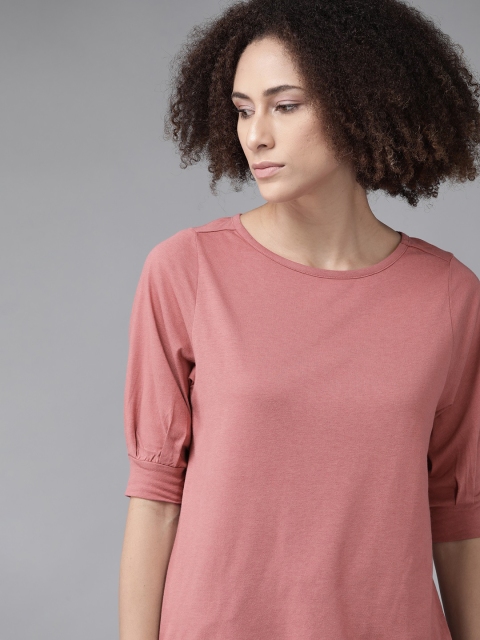 

The Roadster Lifestyle Co Pink Puff Sleeve Cotton Regular Top