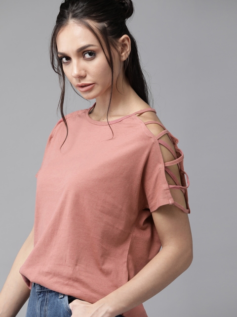 

Roadster Dusty Pink Pure Cotton Extended Sleeves With Lace-Up Detail Top