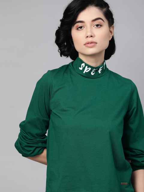 

The Roadster Lifestyle Co Green Regular Top With Printed High Neck