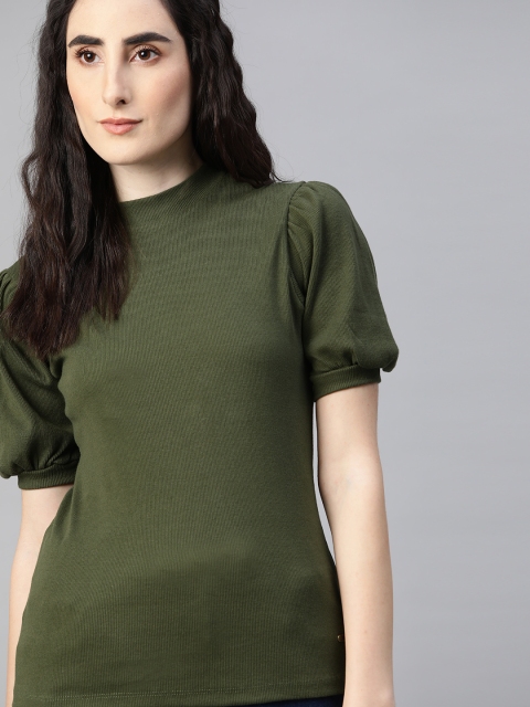 

The Roadster Lifestyle Co Olive Green Solid Puff Sleeve Regular Top
