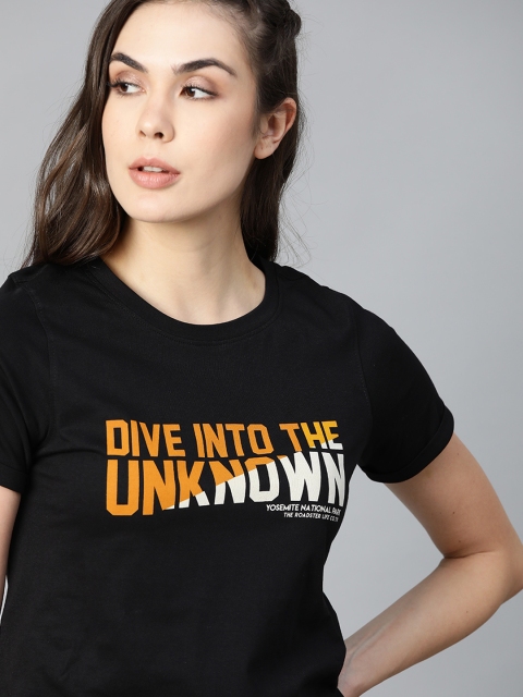 

The Roadster Lifestyle Co Women Black Cotton Typography Printed Pure Cotton T-shirt