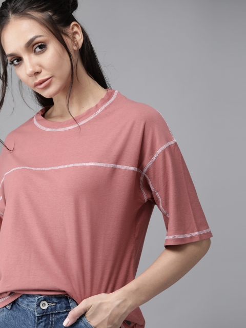 

The Roadster Lifestyle Co Women Dusty Pink Solid Drop-Shoulder Sleeves Pure Cotton T-shirt