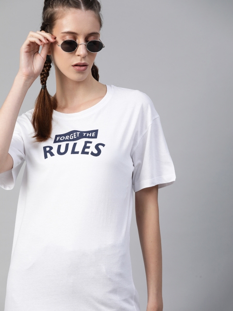 

The Roadster Lifestyle Co Women White Typography Printed Drop-Shoulder Sleeves Pure Cotton T-shirt