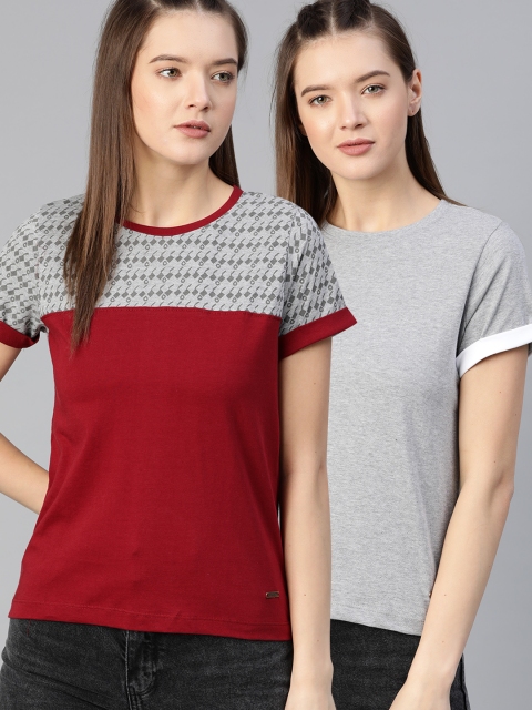 

The Roadster Lifestyle Co Women Pack of 2 Pure Cotton T-shirts, Grey melange