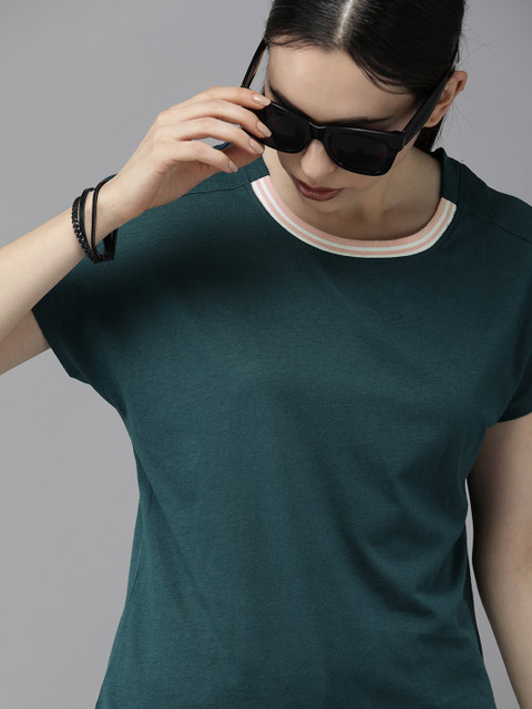 

The Roadster Lifestyle Co Women Teal Green Extended Sleeves T-shirt