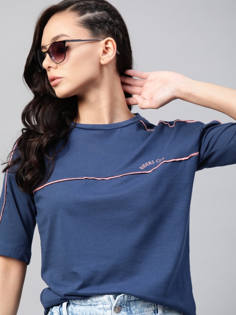 

Roadster Women Navy Blue Pure Cotton Solid Pure Cotton T-shirt