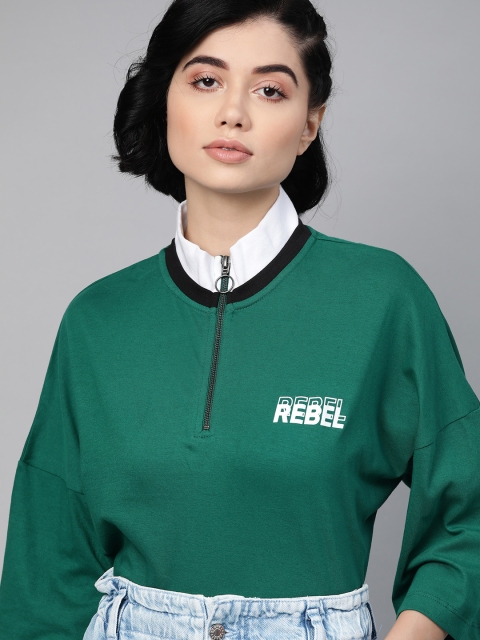 

The Roadster Lifestyle Co Women Green Drop-Shoulder Sleeves Loose Pure Cotton T-shirt