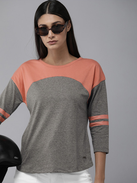 

The Roadster Lifestyle Co Women Grey Melange & Peach-Coloured Colourblocked Drop-Shoulder Sleeves T-shirt