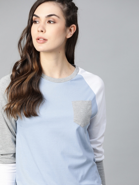 

The Roadster Lifestyle Co Women Blue Cotton Solid Raglan Sleeves T-shirt