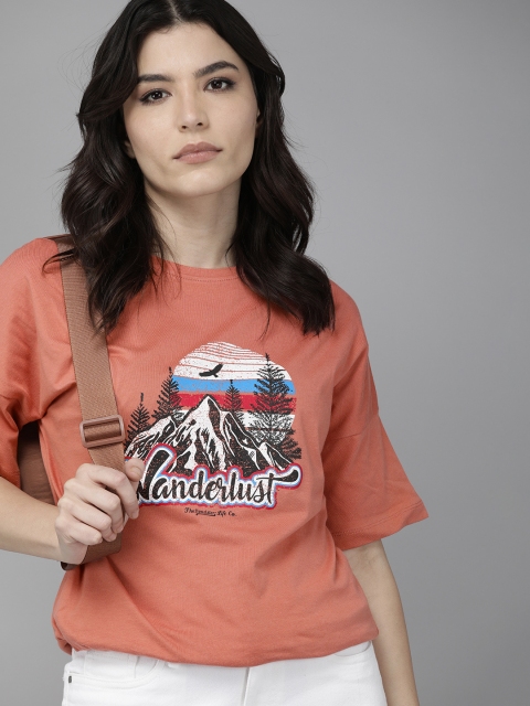 

The Roadster Lifestyle Co Women Coral Orange Printed Drop-Shoulder Sleeves Pure Cotton T-shirt