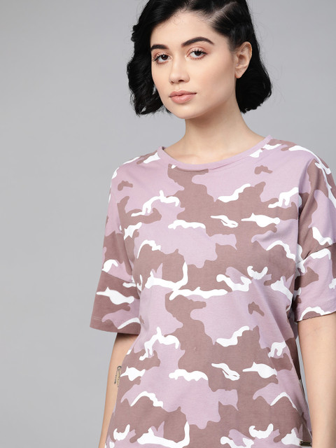 

The Roadster Lifestyle Co Women Mauve White Printed Drop-Shoulder Sleeves Loose Pure Cotton T-shirt