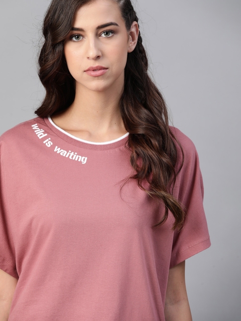 

The Roadster Lifestyle Co Women Mauve Pure Cotton Extended Sleeves T-shirt