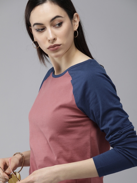 

The Roadster Lifestyle Co Women Mauve Solid Raglan Sleeve Pure Cotton T-shirt