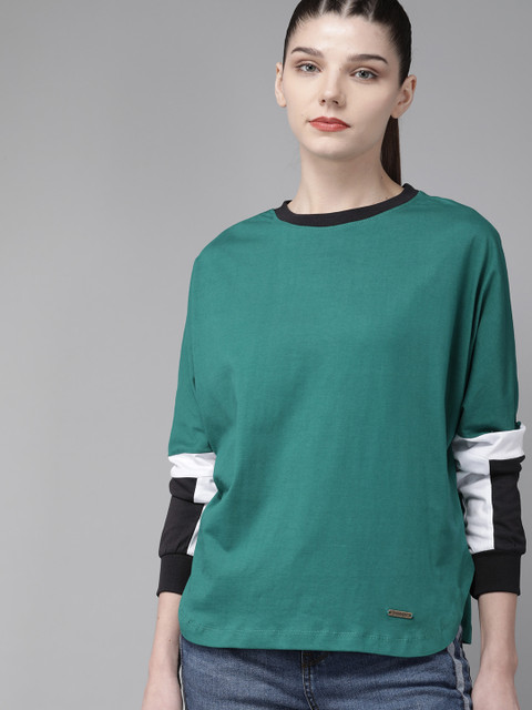 

The Roadster Lifestyle Co Women Teal Solid Round Neck T-shirt