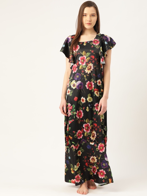 

Sweet Dreams Black & Pink Floral Print Satin Nightdress