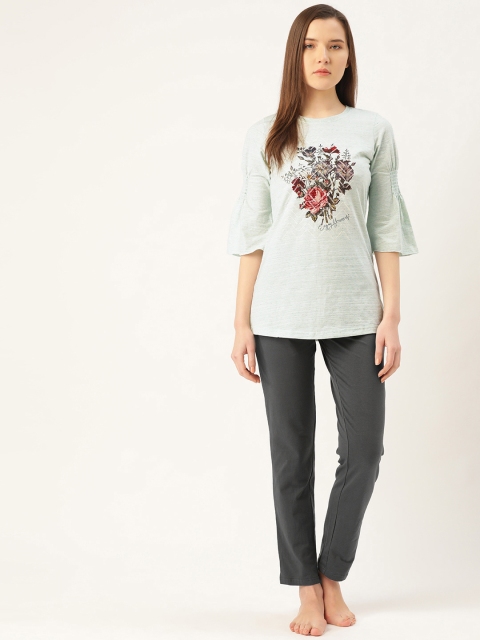 

Sweet Dreams Women Sea Green & Charcoal Grey Floral Printed Night Suit
