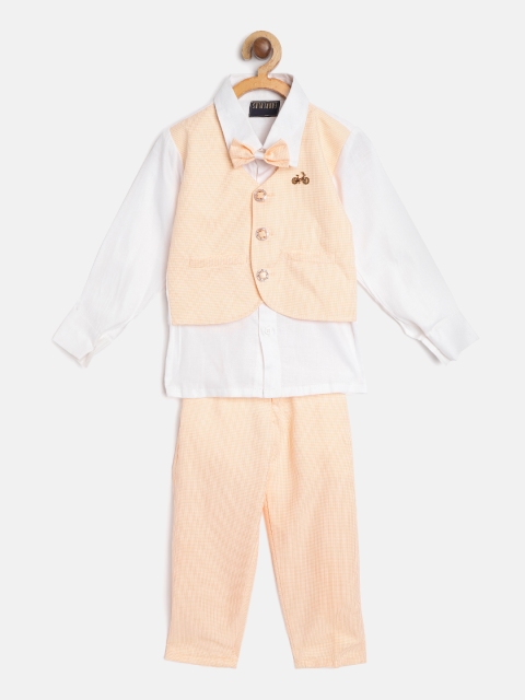 

FOURFOLDS Boys Peach-Coloured & White Houndstooth Print Shirt with Trousers & Bow-Tie