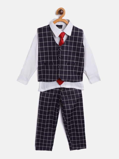 

FOURFOLDS Boys White & Navy Blue Solid Shirt with Checked Trousers & Waistcoat