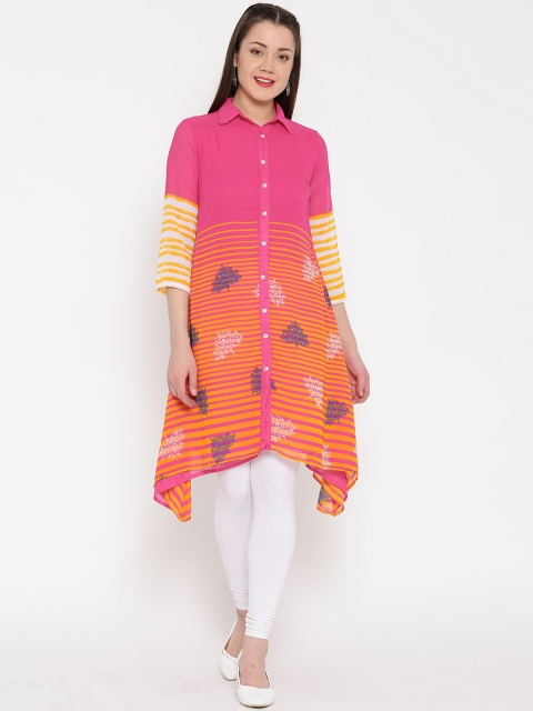 

BIBA Pink Polyester Printed Striped A-Line Asymmetric Kurta