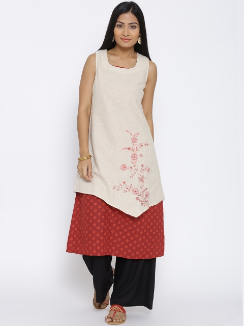 

BIBA Beige Linen Blend Embroidered A-Line Kurta