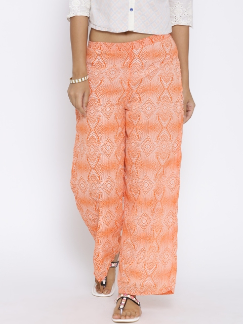 

BIBA Orange & White Polyester Printed Palazzo Trousers