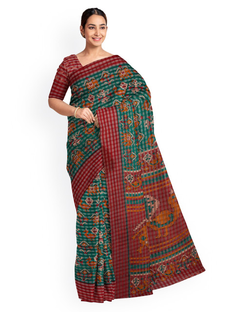 

KLM Fashion Mall Green & Red Silk Blend Printed Saree