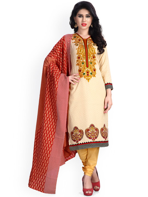 

Vaamsi Beige Printed Cotton Unstitched Dress Material