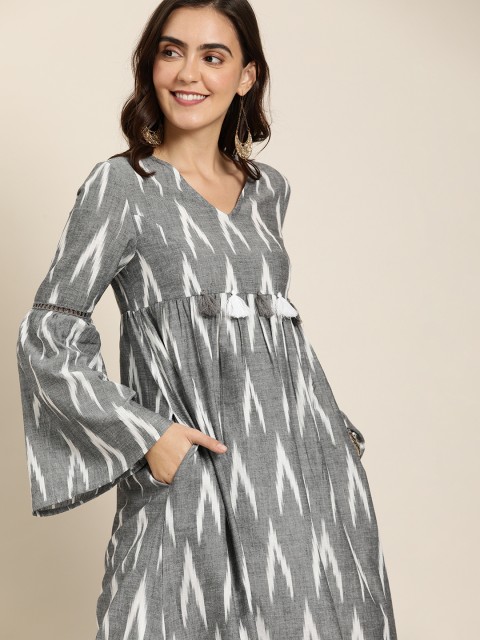 

Taavi Women Grey & White Ikat Woven Design Gathered A-Line Kurta with Pocket