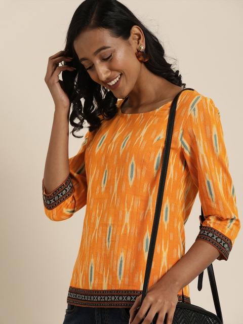 

Taavi Mustard Yellow & Teal Blue Ikat Woven Design Round Neck Regular Top