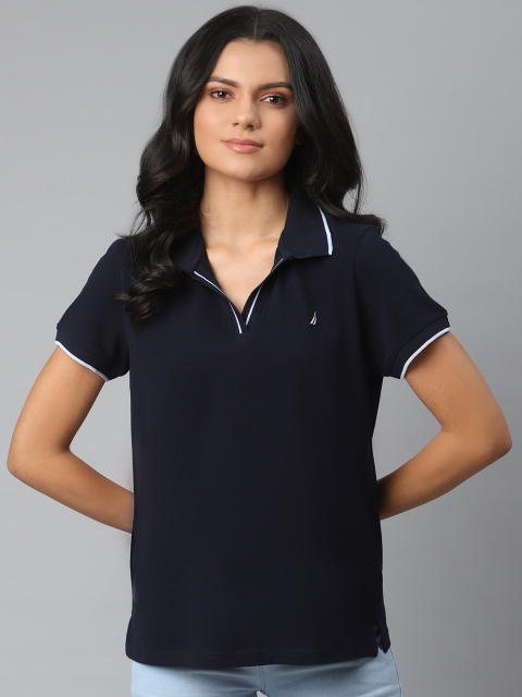 

Nautica Women Navy Blue Solid Spread Collar Cotton T-shirt