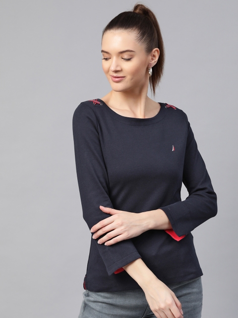 

Nautica Women Navy Blue Solid Pure Cotton Regular Top