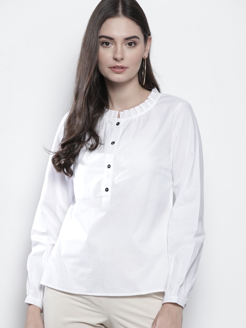 

Nautica White Mandarin Collar Puff Sleeves Pure Cotton Regular Top