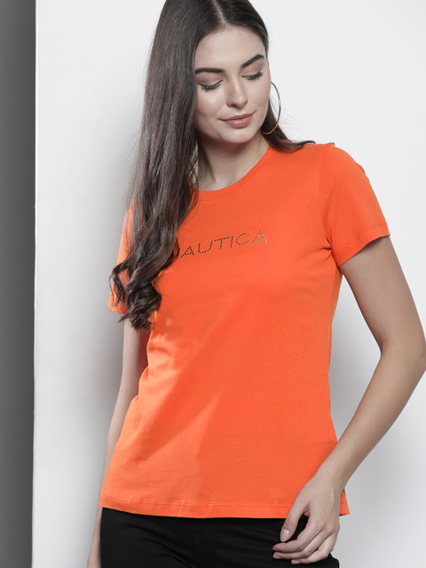

Nautica Women Orange Printed Round Neck T-shirt