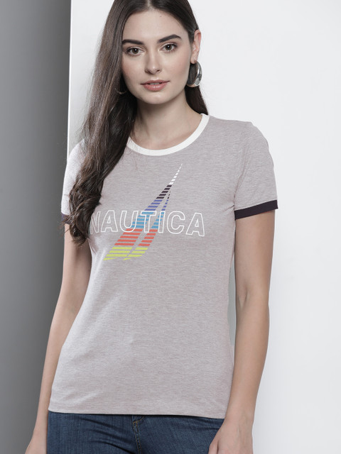 

Nautica Women Grey Melange Printed Round Neck T-shirt