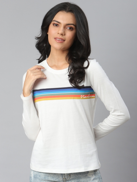 

Nautica Women White & Blue Pure Cotton Striped Round Neck T-shirt