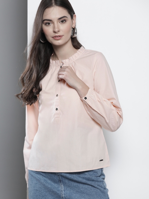 

Nautica Peach-Coloured Mandarin Collar Puff Sleeves Pure Cotton Regular Top