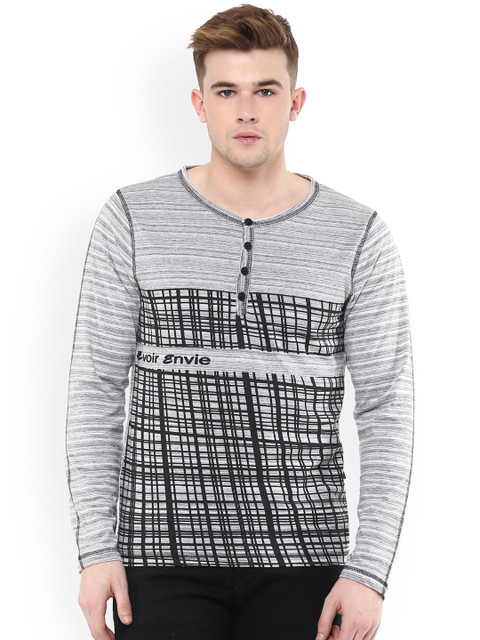 

Avoir Envie Grey Printed Slim Fit Henley T-Shirt