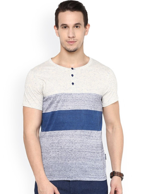 

Avoir Envie Off-White & Blue Self-Design Slim Fit Henley T-Shirt