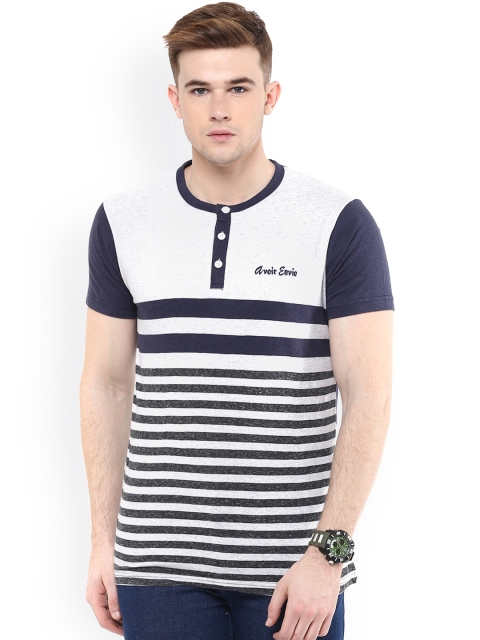 

Avoir Envie White & Blue Striped Slim Fit Henley T-shirt
