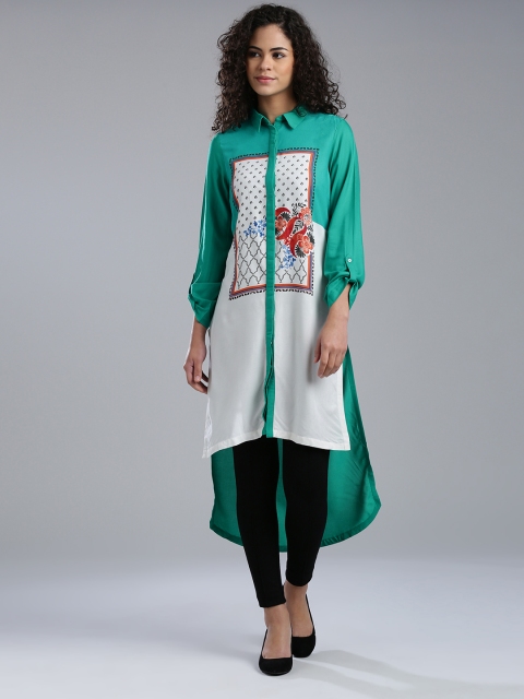 

W Teal Green & White Printed High-Low Kurta