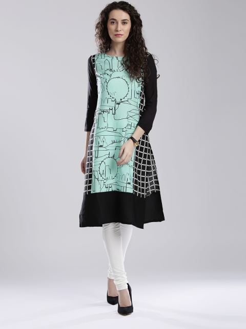 

W Mint Green Polyester Printed Checked Kurta