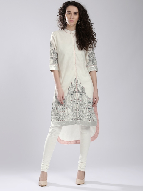 

W Off-White Printed Shimmer Back High-Low Kurta