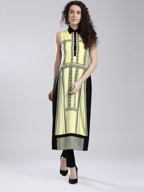 

W Yellow & Black Printed Panelled A-Line Kurta