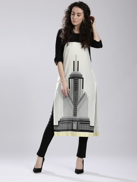 

W Off-White & Black Printed Panelled Kurta